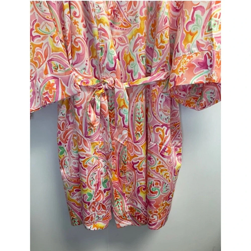 Lauren Ralph Lauren Women's Size L Satin Paisley Print‎ Robe Pink Belted Pockets